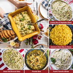 4-Week prepared food on table. Food tiles of america’s finest mac & cheese, creamy rice & vegetable dinner, dinner bell broccoli bake, fireside stew, and frank’s favorite alfredo. More than 1 serving pictured.