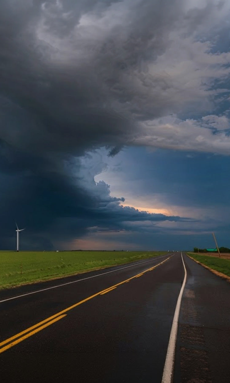 Translation missing: en.Dark storm clouds gathering over an empty rural highway and wind turbine at dusk, a dramatic severe-weather scene evoking power outages and disaster preparedness