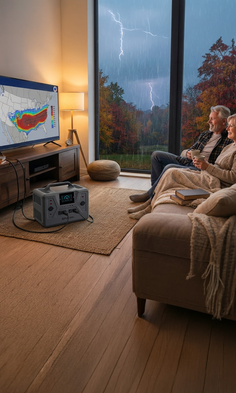 Translation missing: en.Couple relaxes by lamplight as the Patriot Power Generator 22X keeps their TV and lights on through a rainy fall thunderstorm power outage