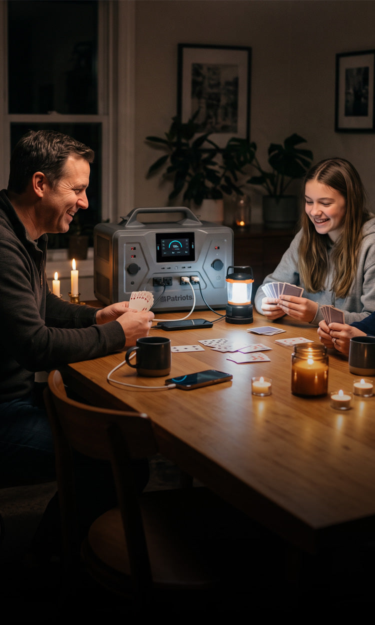 Translation missing: en.Family playing cards by candlelight in a blackout with the Patriot Power Solar Generator 2200X running a lantern and charging phones, off-grid emergency backup power
