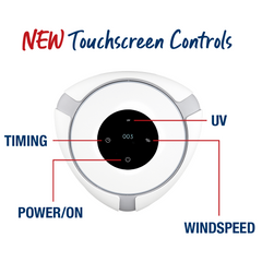 New touchscreen controls diagram showing timing, UV, power/ON, and windspeed.