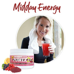 Midday Energy: Mindy holding a glass of Patriot Power Reds.