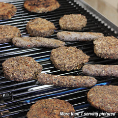 Prepared black bean burgers and links on a grill. More than one serving pictured.