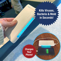 Patriot PowerUV Disinfecting Power Bank being held and charging a cell phone. Kills viruses, bacteria & mold in seconds.