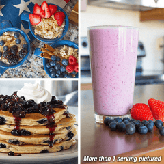 Collage of berry smoothie, oatmeal with berries, and pancakes with berries on top. More than 1 serving pictured.