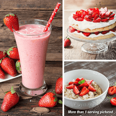 Strawberry collage: strawberry milkshake, strawberry cake, strawberries on top of oatmeal. More than one serving pictured.