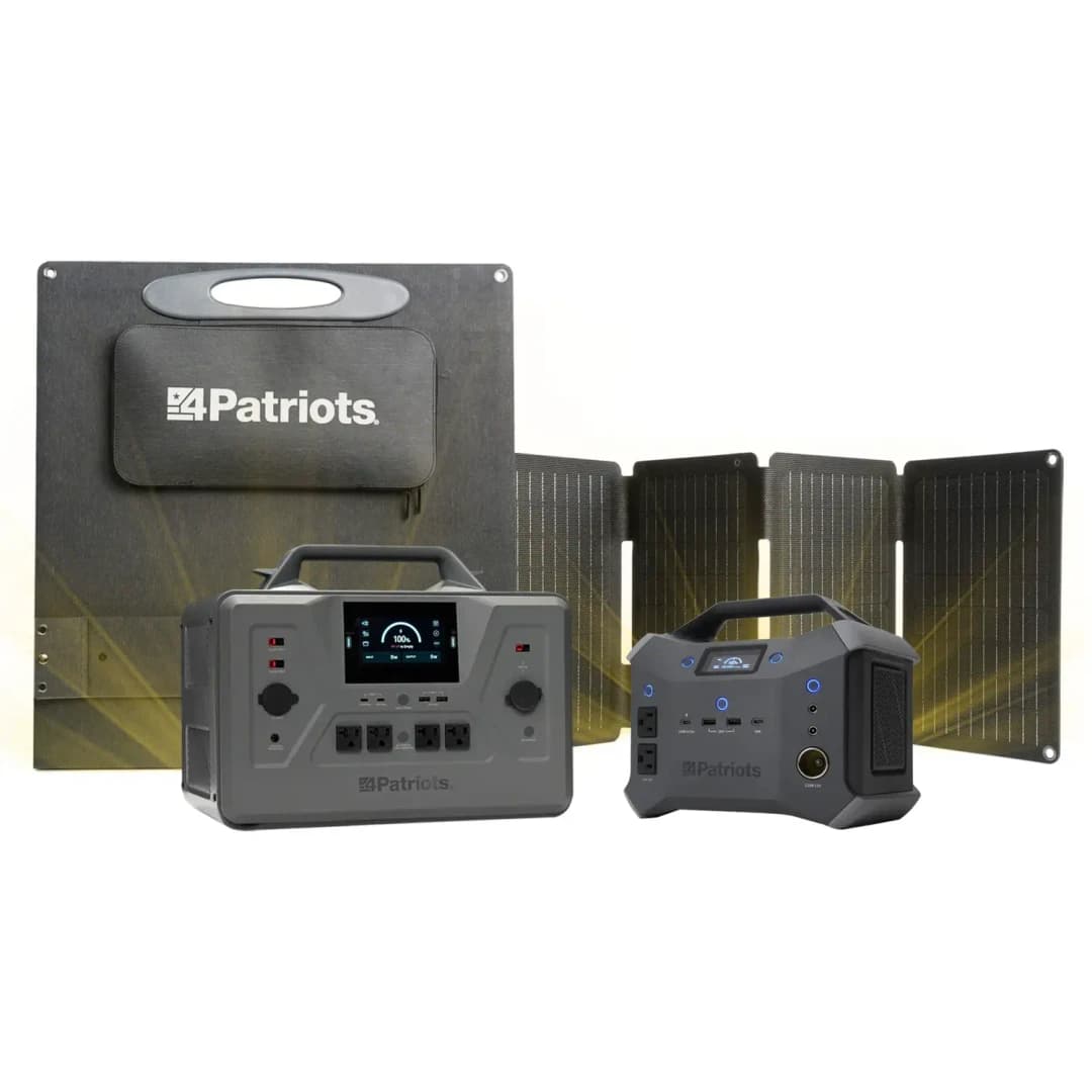 4Patriots Patriot Power Solar Generator 2200X and folded 200-Watt solar panel and a Patriot Power Sidekick Solar Generator and foldable 40-Watt solar panel.