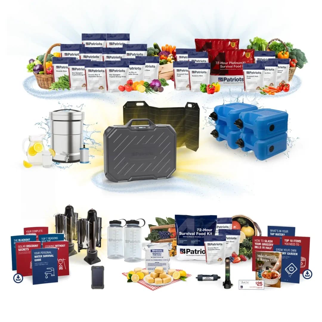 A complete emergency preparedness bundle featuring two 4Patriots food supplies, stackable water storage, an Ultimate Water Filtration System, and a 4Patriots Patriot Power Solar Generator AlphaCase Elite & Solar Panel. The bottom of the image includes a 4Patriots 72-Hour Survival Food Kit, two SunKettles, a HaloXT Survival Flashlight, water bottles, a portable solar charger, emergency food bars, a personal water straw, and several preparedness guides. Products are arranged on a white background with fresh fruits and vegetables surrounding the food kits, highlighting food and water security for emergency situations.