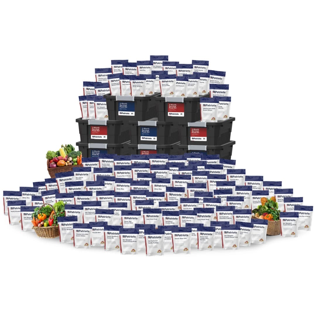 Large assortment of food packages from 4Patriots 1-Year Emergency Survival Food Kit neatly arranged in front of included stacked black storage totes. A smiling senior couple stands to the left, by a basket of fresh vegetables. A circular inset in the top right shows a close-up of a prepared meal with pasta.