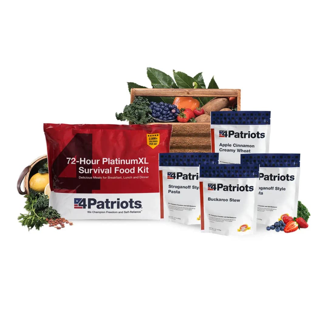 An array on white of the 4Patriots 72-Hour Platinum Survival Food Kit with all recipe pouches.