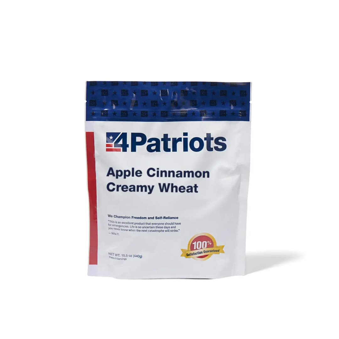 4Patriots Apple Cinnamon Creamy Wheat emergency food kit pouch on white background. "100% Satisfaction Guaranteed" badge is on the pouch.