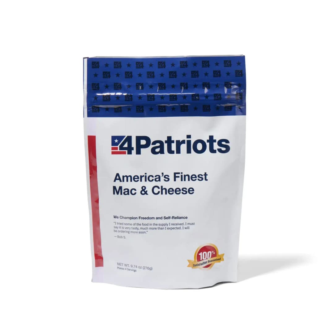 4Patriots America's Finest Mac & Cheese emergency food kit pouch on white background. "100% Satisfaction Guaranteed" badge is on the pouch.