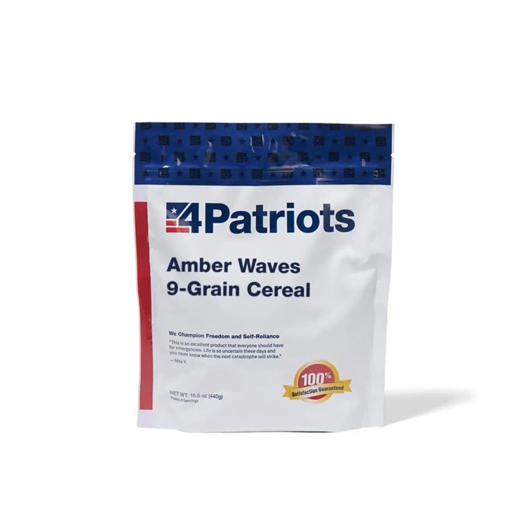 4Patriots Amber Waves 9-Grain Cereal emergency food kit pouch on white background. "100% Satisfaction Guaranteed" badge is on the pouch.