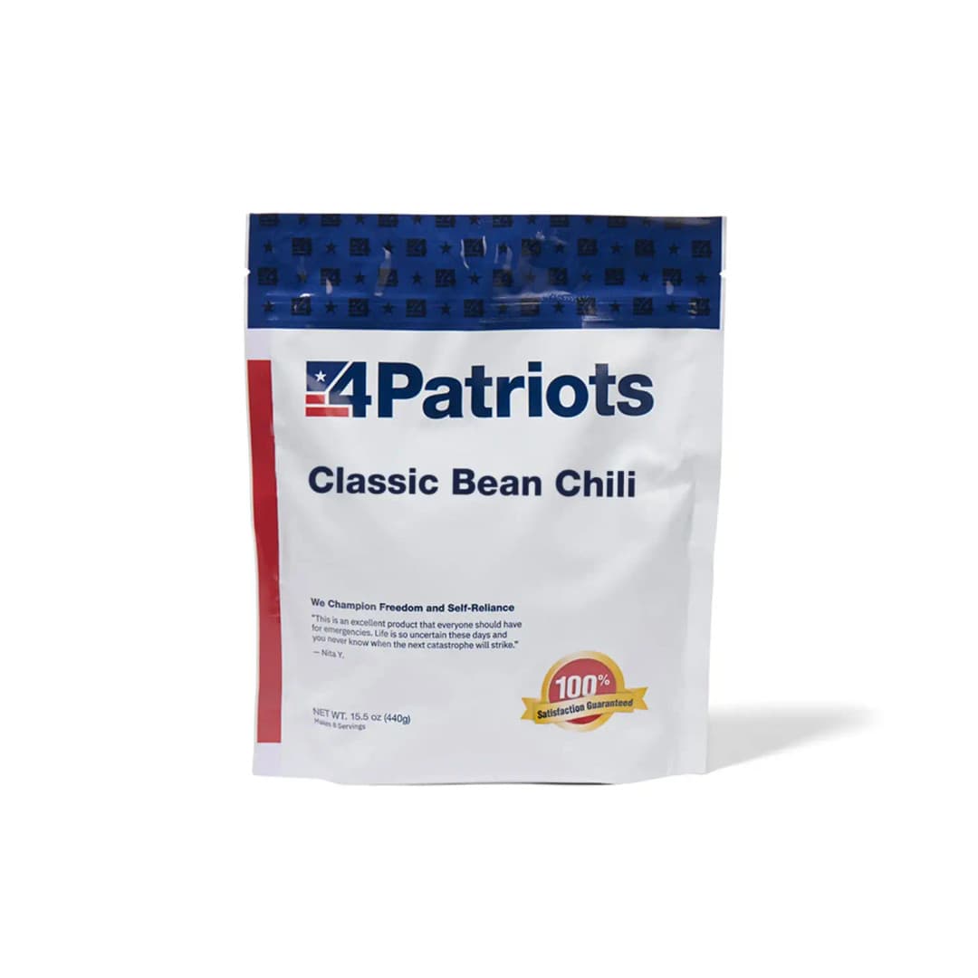4Patriots Classic Bean Chili emergency food kit pouch on white background. "100% Satisfaction Guaranteed" badge is on the pouch.