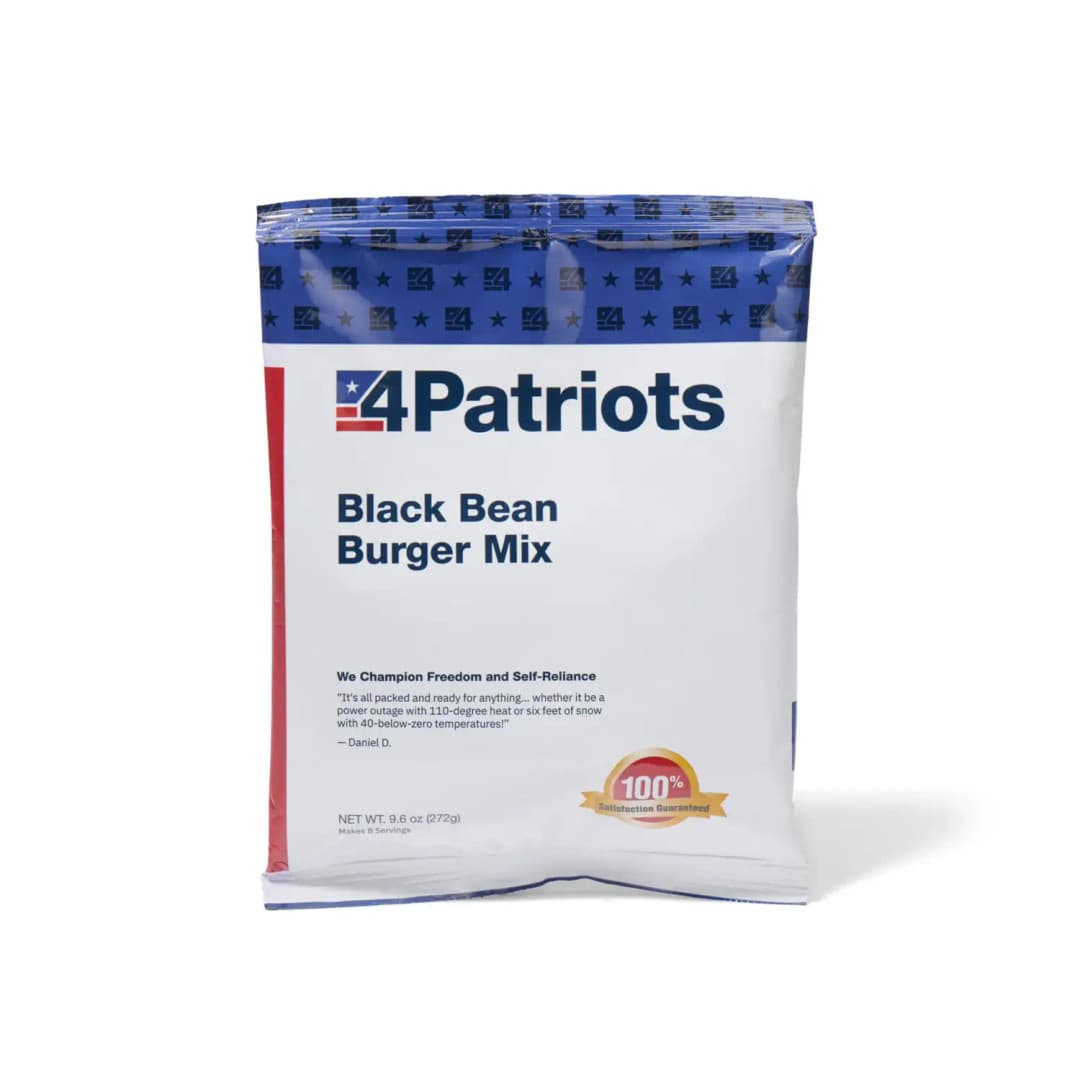 4Patriots Black Bean Burger Mix emergency food kit pouch on white background. "100% Satisfaction Guaranteed" badge is on the pouch.