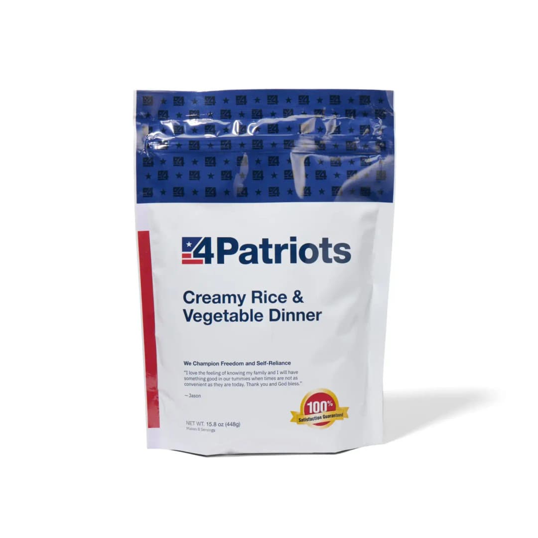 4Patriots Creamy Rice & Vegetable Dinner emergency food kit pouch on white background. "100% Satisfaction Guaranteed" badge is on the pouch.