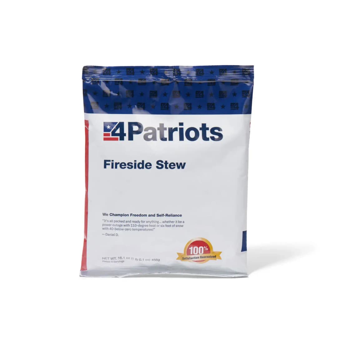 4Patriots Fireside Stew emergency food kit pouch on white background. "100% Satisfaction Guaranteed" badge is on the pouch.