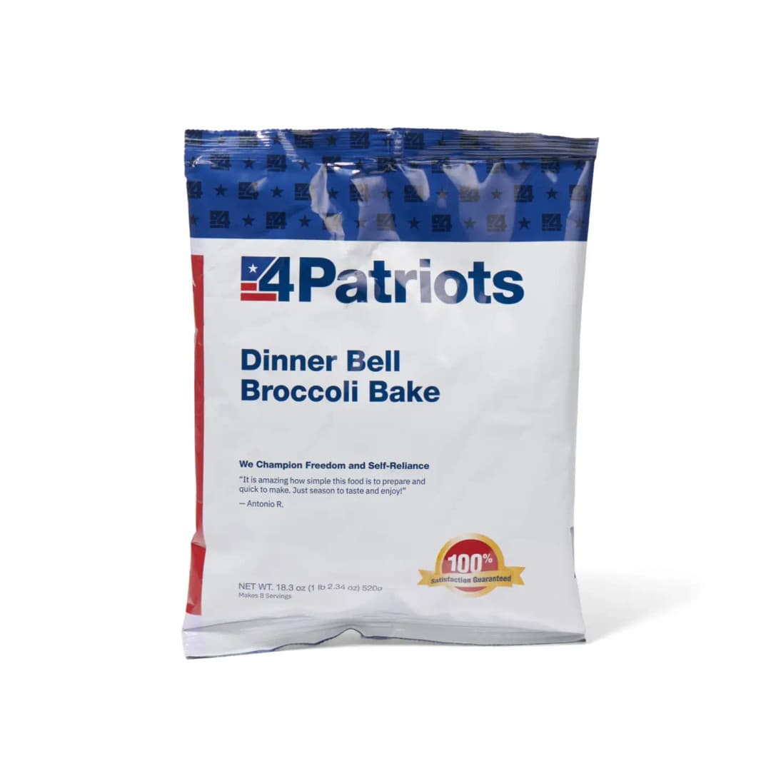 4Patriots Dinner Bell Broccoli Bake emergency food kit pouch on white background. "100% Satisfaction Guaranteed" badge is on the pouch.