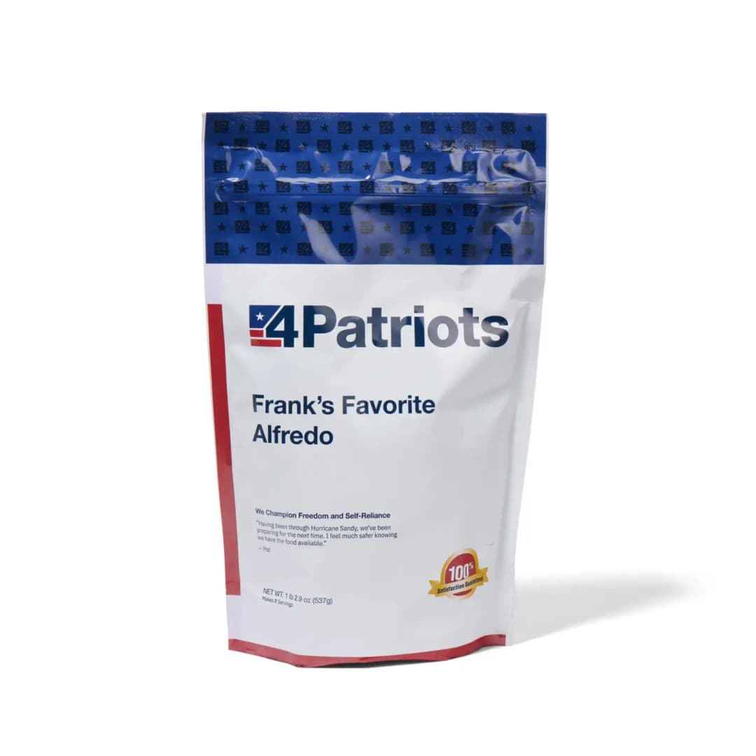 4Patriots Frank's Favorite Alfredo emergency food kit pouch on white background. "100% Satisfaction Guaranteed" badge is on the pouch.