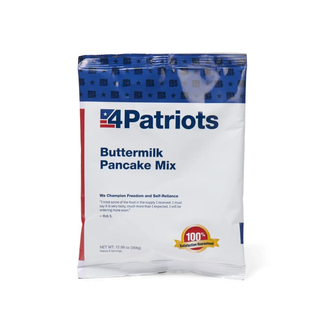 4Patriots Buttermilk Pancake Mix emergency food kit pouch on white background. "100% Satisfaction Guaranteed" badge is on the pouch.