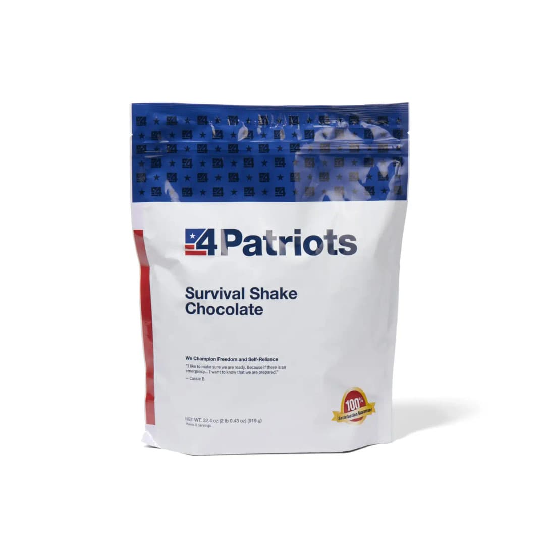 4Patriots Survival Shake Chocolate emergency food kit pouch on white background. "100% Satisfaction Guaranteed" badge is on the pouch.