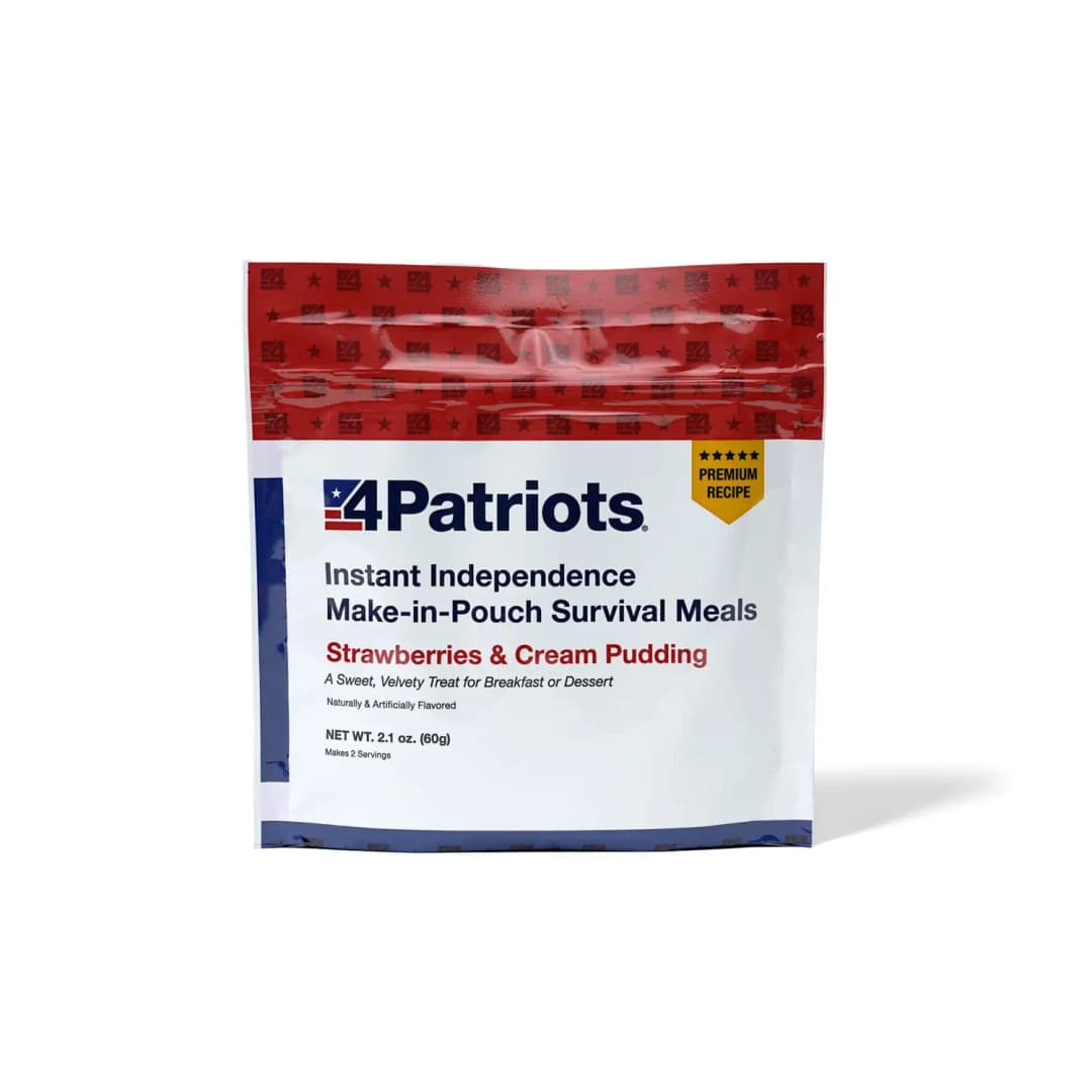 4Patriots Strawberries & Cream Pudding emergency food kit pouch on white background. "Premium Recipe" badge is on the pouch.
