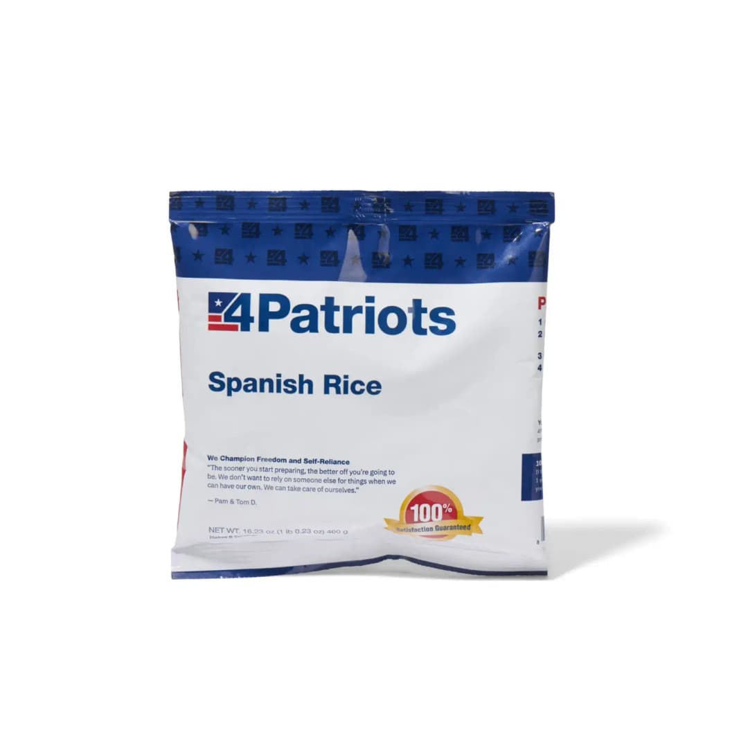 4Patriots Spanish Rice emergency food kit pouch on white background. "100% Satisfaction Guaranteed" badge is on the pouch.
