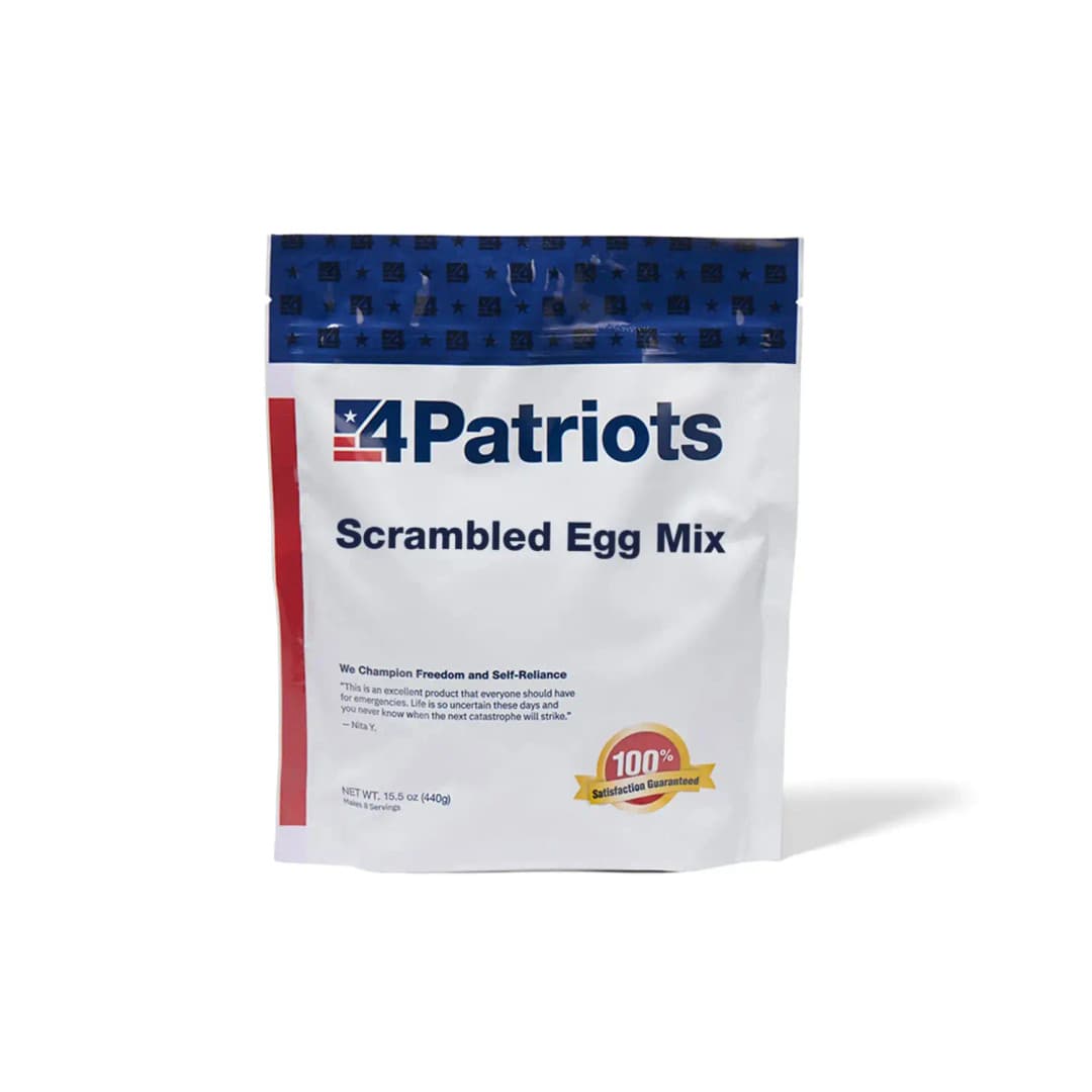 4Patriots Scrambled Egg Mix emergency food kit pouch on white background. "100% Satisfaction Guaranteed" badge is on the pouch.