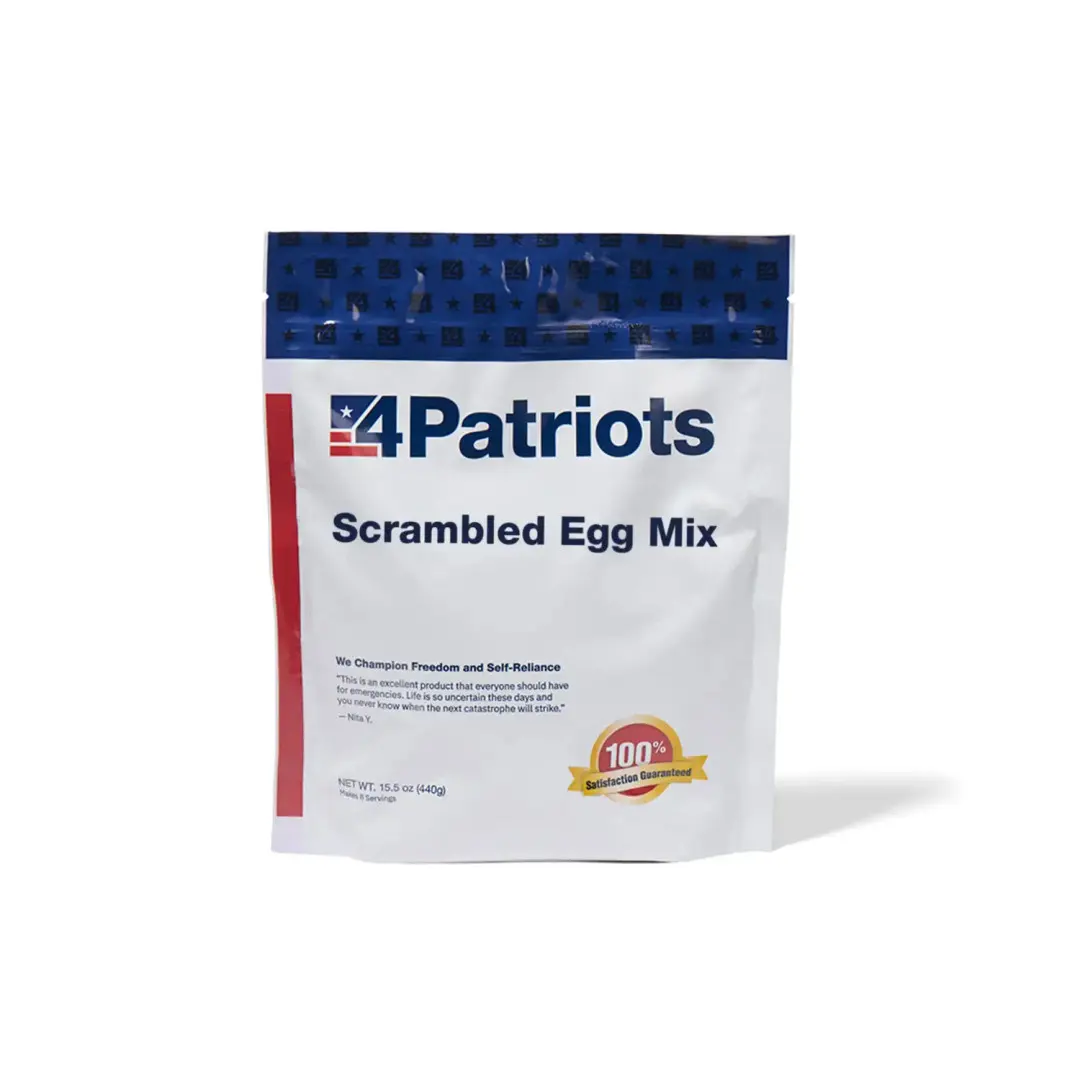 4Patriots Scrambled Egg Mix emergency food kit pouch on white background. "100% Satisfaction Guaranteed" badge is on the pouch.