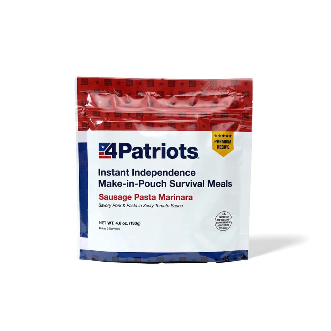 4Patriots Sausage Pasta Marinara emergency food kit pouch on white background. "Premium Recipe" badge is on the pouch.