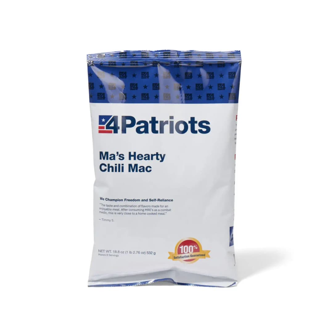 4Patriots Ma's Hearty Chili Mac emergency food kit pouch on white background. "100% Satisfaction Guaranteed" badge is on the pouch.