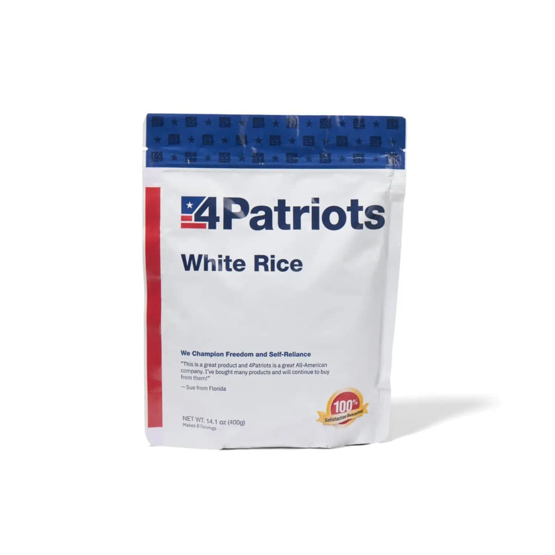 4Patriots White Rice emergency food kit pouch on white background. "100% Satisfaction Guaranteed" badge is on the pouch.
