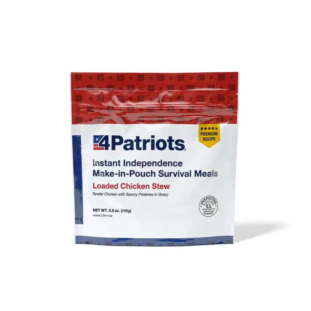 4Patriots Loaded Chicken Stew emergency food kit pouch on white background. "Premium Recipe" badge is on the pouch.