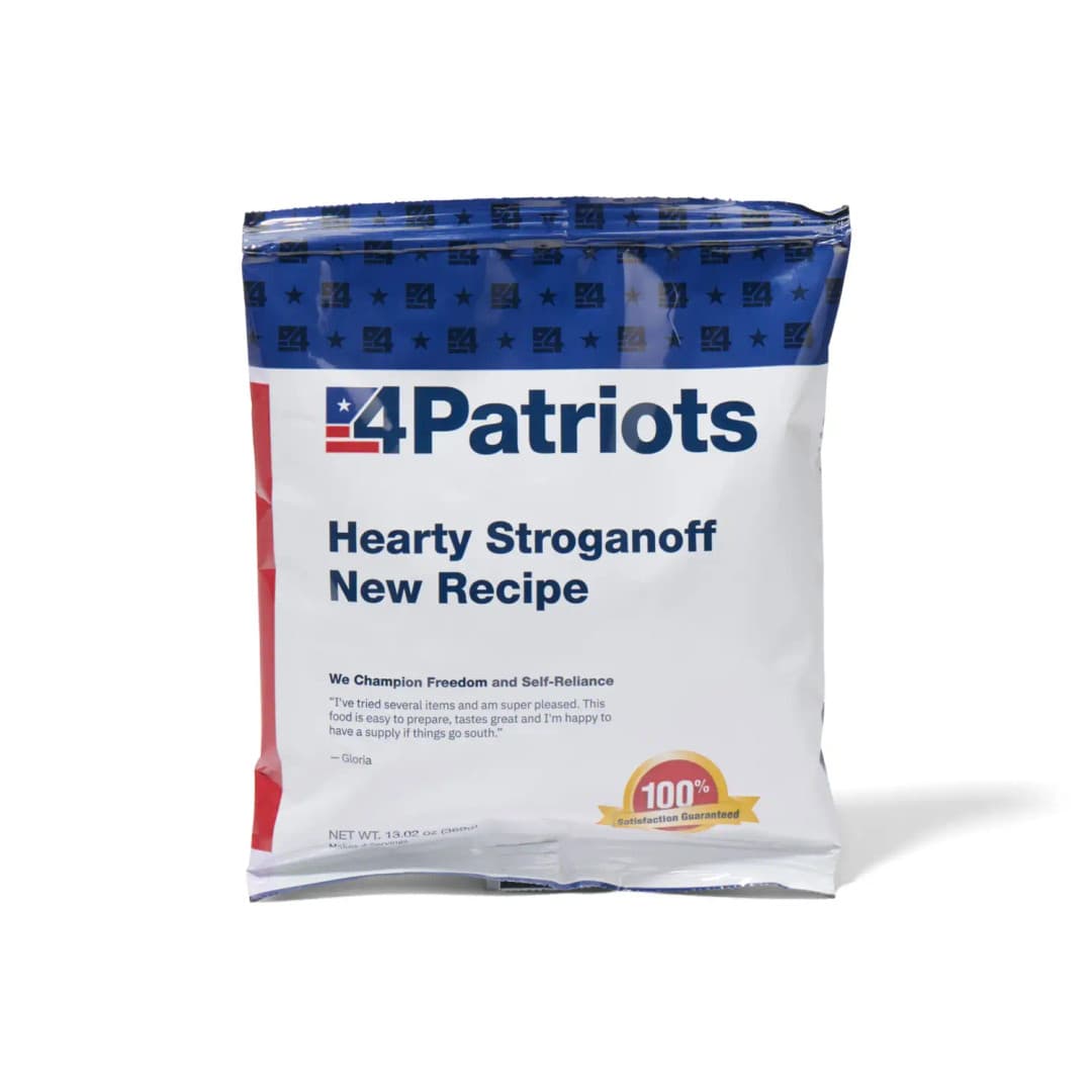 4Patriots Hearty Stroganoff emergency food kit pouch on white background. "100% Satisfaction Guaranteed" badge is on the pouch.