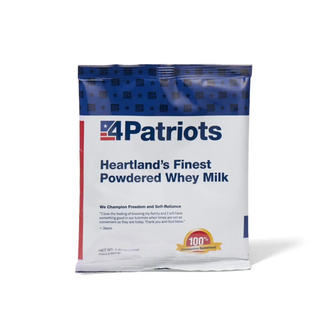 4Patriots Heartland's Finest Powdered Whey Milk emergency food kit pouch on white background. "100% Satisfaction Guaranteed" badge is on the pouch.