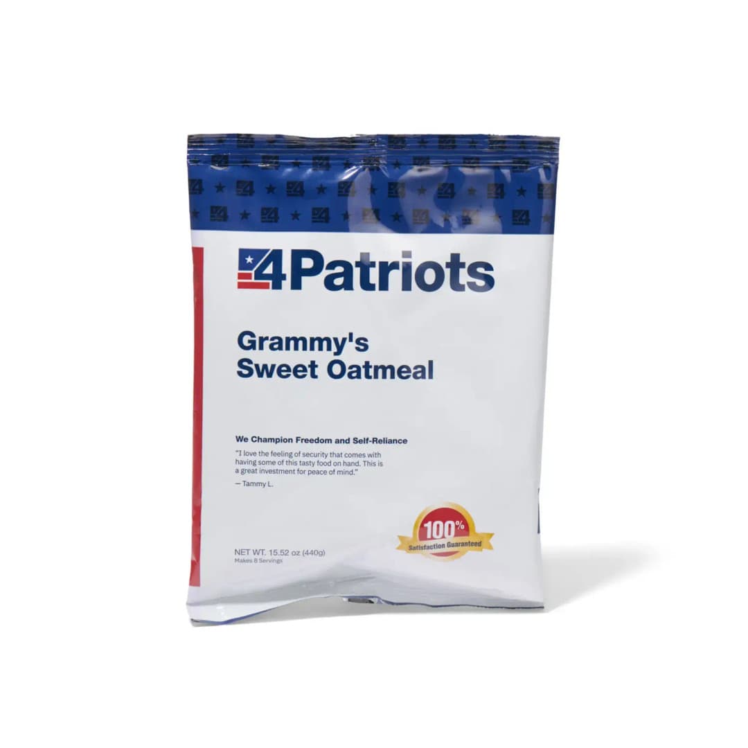 4Patriots Grammy's Sweet Oatmeal emergency food kit pouch on white background. "100% Satisfaction Guaranteed" badge is on the pouch.