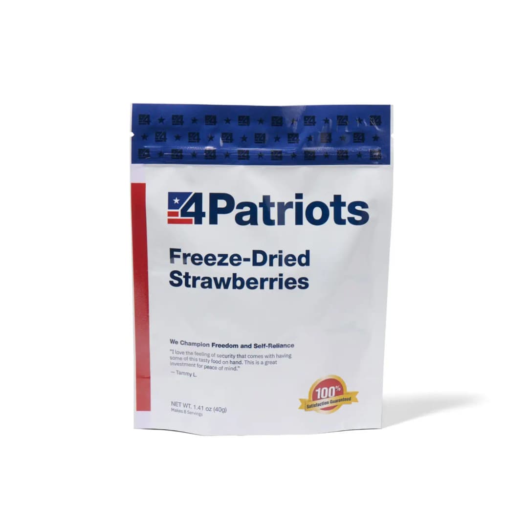 4Patriots Freeze-Dried Strawberries emergency food kit pouch on white background. "100% Satisfaction Guaranteed" badge is on the pouch.