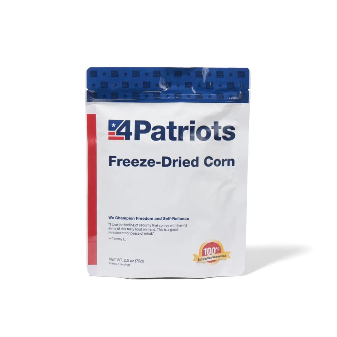 4Patriots Freeze-Dried Corn emergency food kit pouch on white background. "100% Satisfaction Guaranteed" badge is on the pouch.