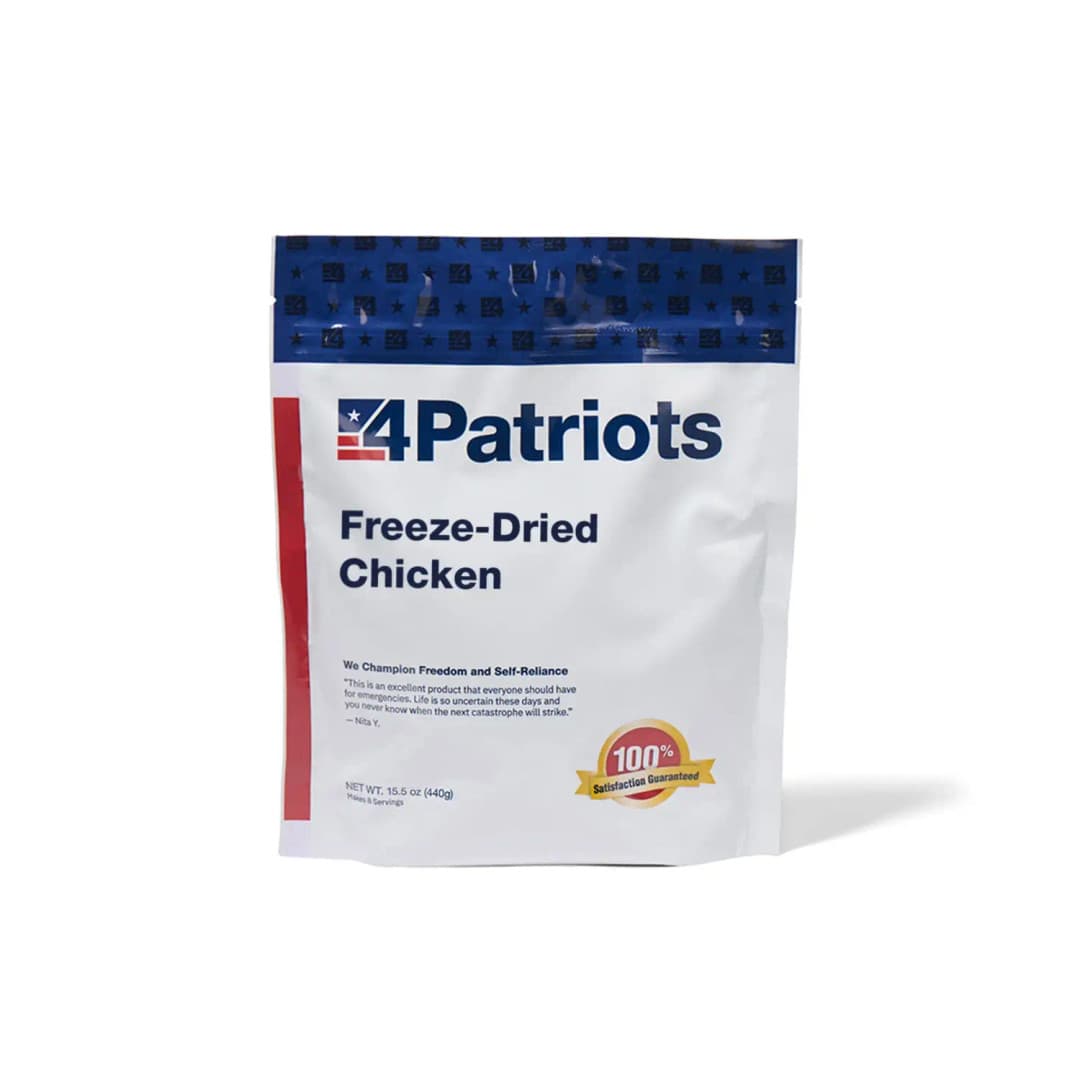 4Patriots Freeze-Dried Chicken emergency food kit pouch on white background. "100% Satisfaction Guaranteed" badge is on the pouch.