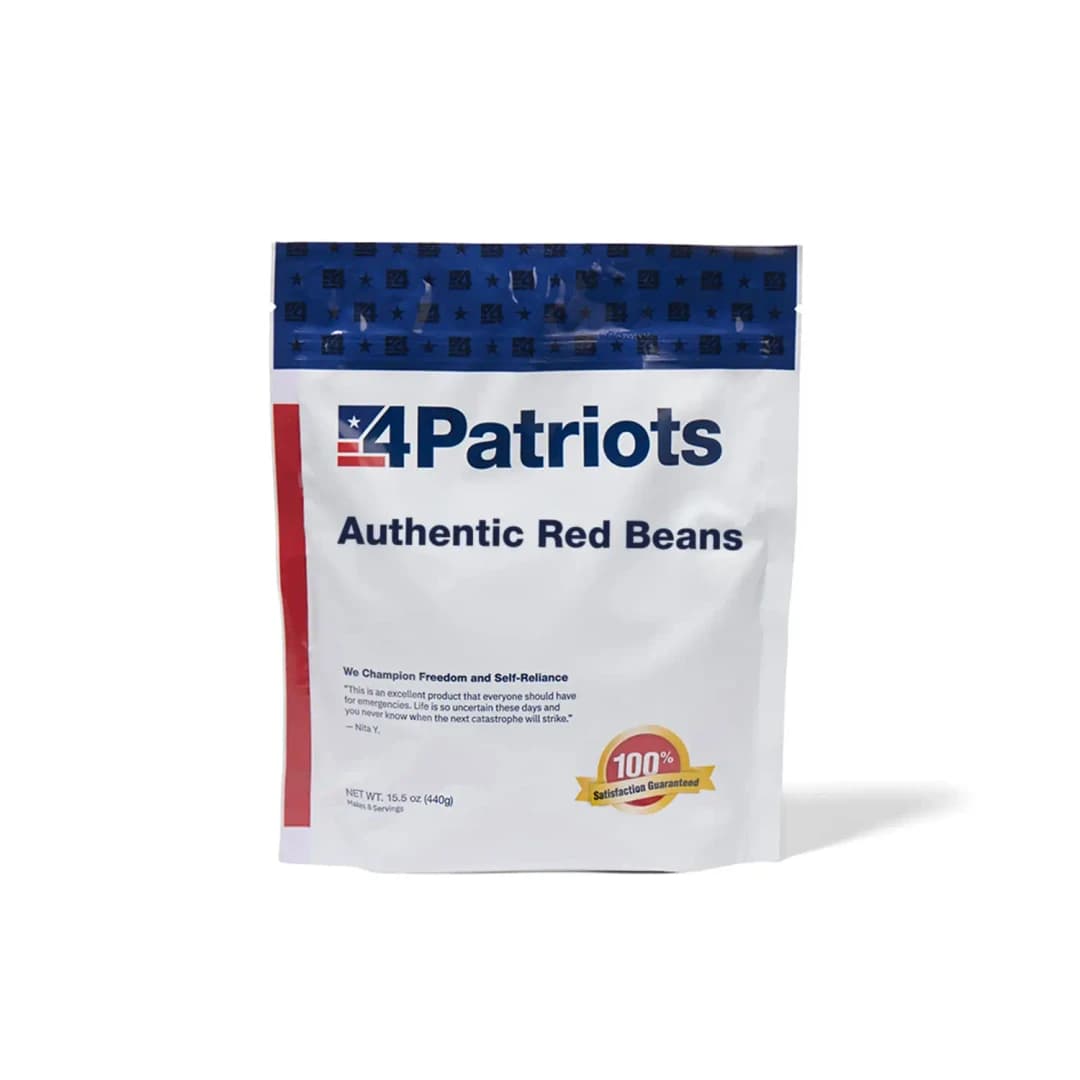 4Patriots Authentic Red Beans emergency food kit pouch on white background. "100% Satisfaction Guaranteed" badge is on the pouch.
