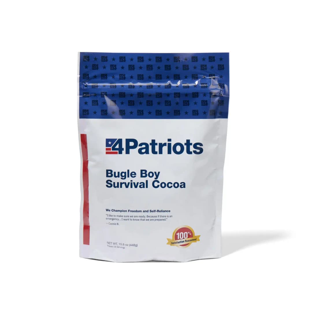 4Patriots Bugle Boy Survival Cocoa emergency food kit pouch on white background. "100% Satisfaction Guaranteed" badge is on the pouch.