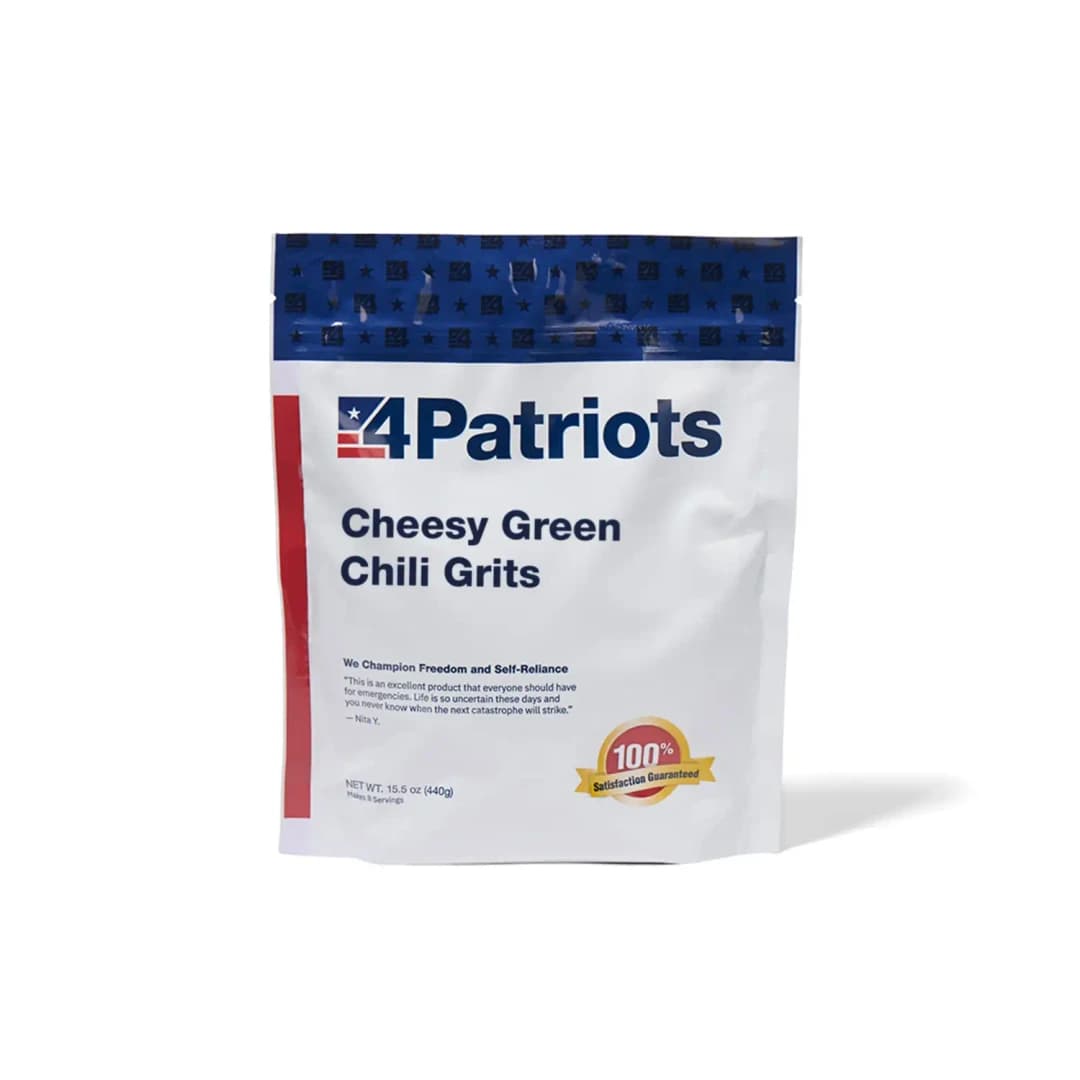 4Patriots Cheesy Green Chili Grits emergency food kit pouch on white background. "100% Satisfaction Guaranteed" badge is on the pouch.