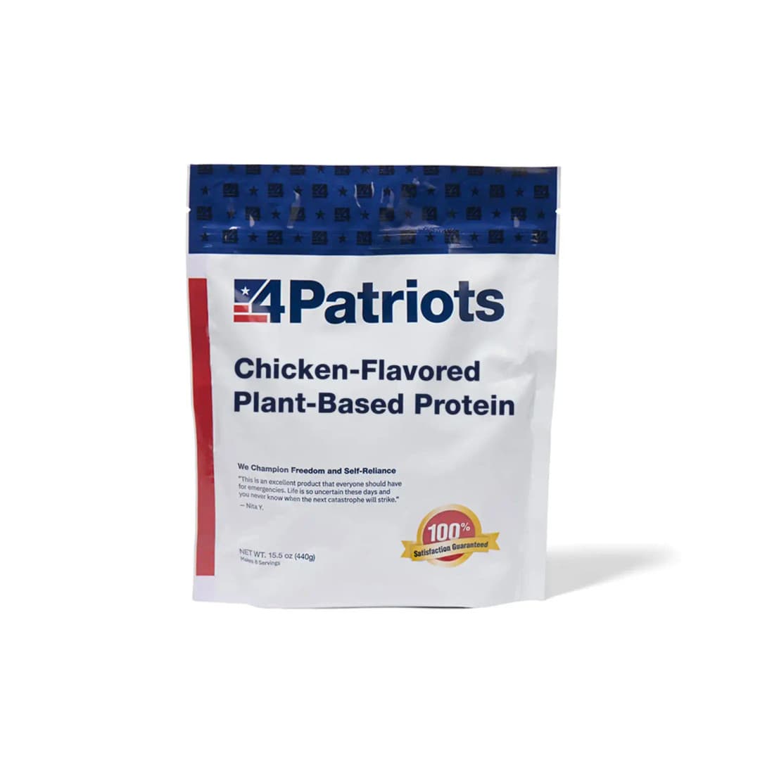 4Patriots Chicken-Flavored Plant-Based Protein emergency food kit pouch on white background. "100% Satisfaction Guaranteed" badge is on the pouch.