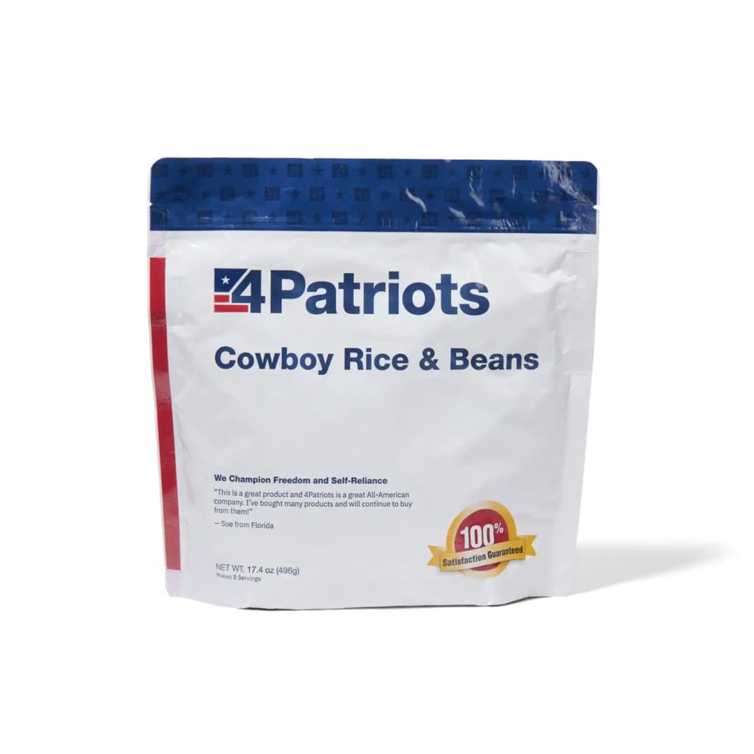4Patriots Cowboy Rice & Beans emergency food kit pouch on white background. "100% Satisfaction Guaranteed" badge is on the pouch.