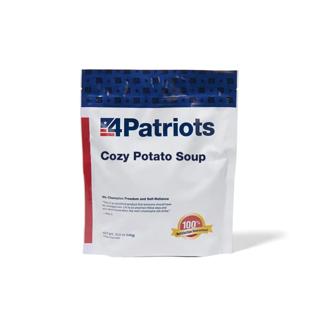 4Patriots Cozy Potato Soup emergency food kit pouch on white background. "100% Satisfaction Guaranteed" badge is on the pouch.