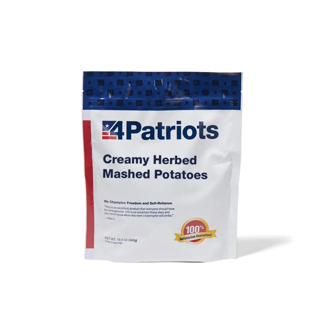 4Patriots Creamy Herbed Mashed Potatoes emergency food kit pouch on white background. "100% Satisfaction Guaranteed" badge is on the pouch.