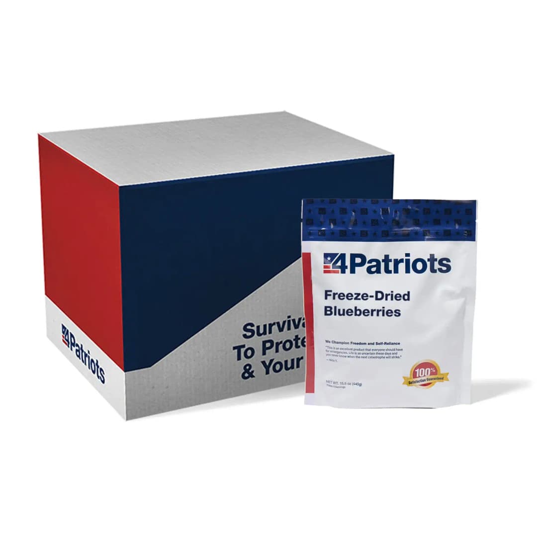 4Patriots Freeze-Dried Blueberries emergency food kit pouch on white background. "100% Satisfaction Guaranteed" badge is on the pouch.