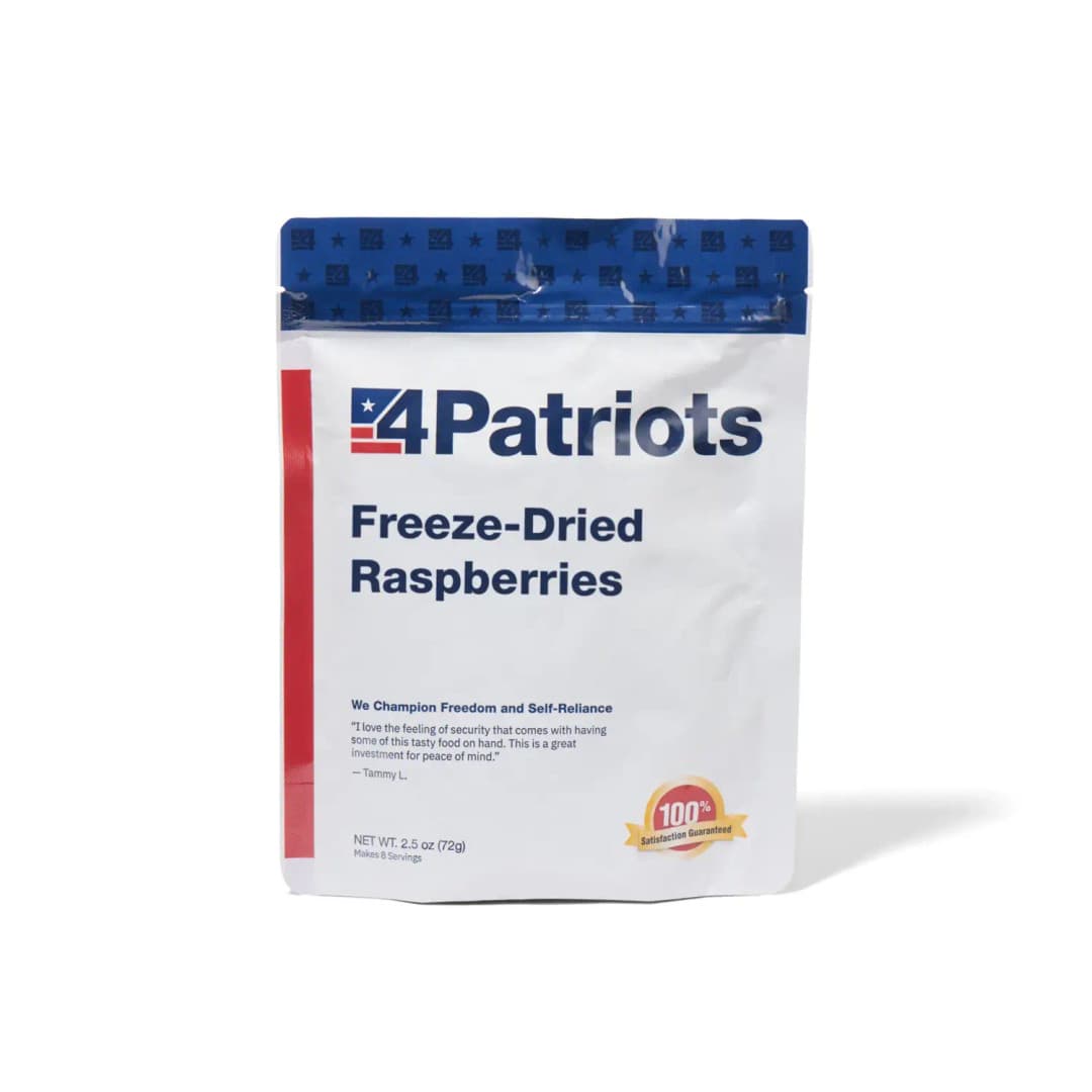 4Patriots Freeze-Dried Raspberries emergency food kit pouch on white background. "100% Satisfaction Guaranteed" badge is on the pouch.