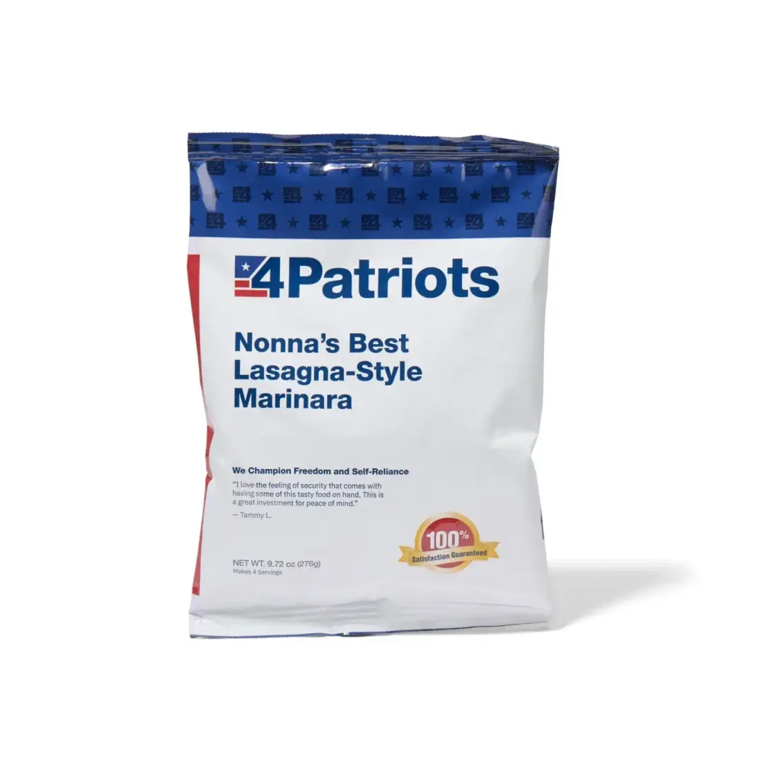 4Patriots Nonna's Best Lasagna-Style Marinara emergency food kit pouch on white background. "100% Satisfaction Guaranteed" badge is on the pouch.