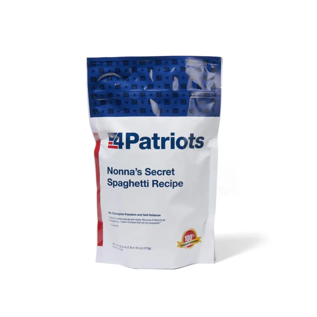 4Patriots Nonna's Secret Spaghetti Recipe emergency food kit pouch on white background. "100% Satisfaction Guaranteed" badge is on the pouch.